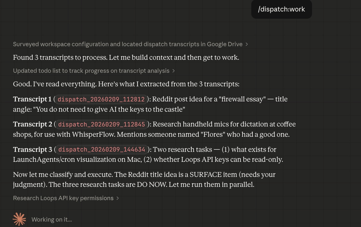 Dispatch running in Claude Co-Work — processing 3 transcripts